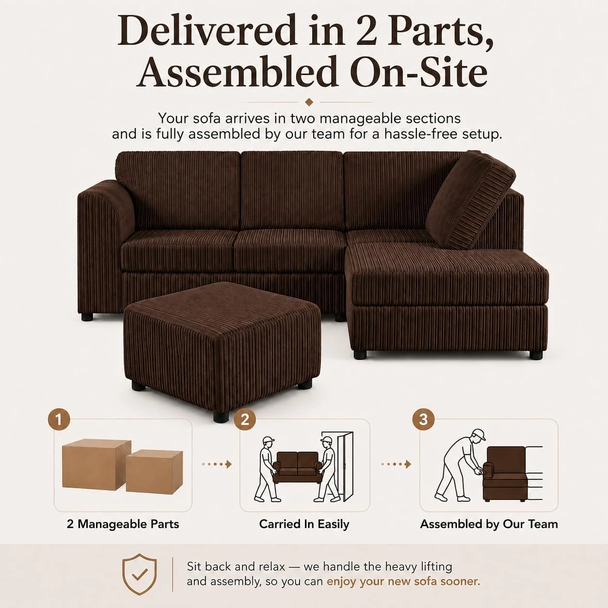Brown Right Hand Corner Sofa – Jumbo Cord L Shaped Sofa with Luxury Fixed Back Cushions