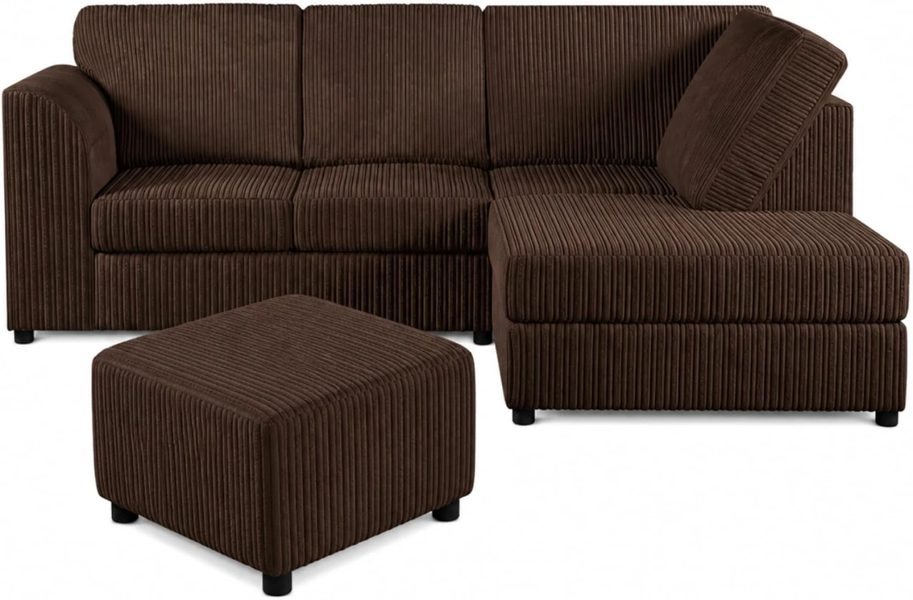 Brown Right Hand Corner Sofa – Jumbo Cord L Shaped Sofa with Luxury Fixed Back Cushions