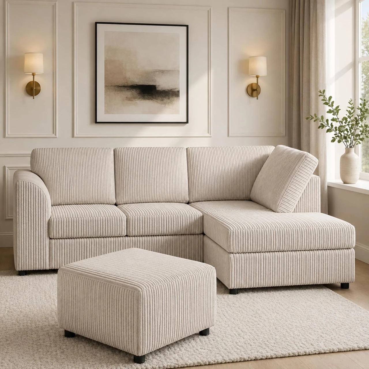 Cream Right Hand Corner Sofa – Jumbo Cord L Shaped Sofa with Luxury Fixed Back Cushions