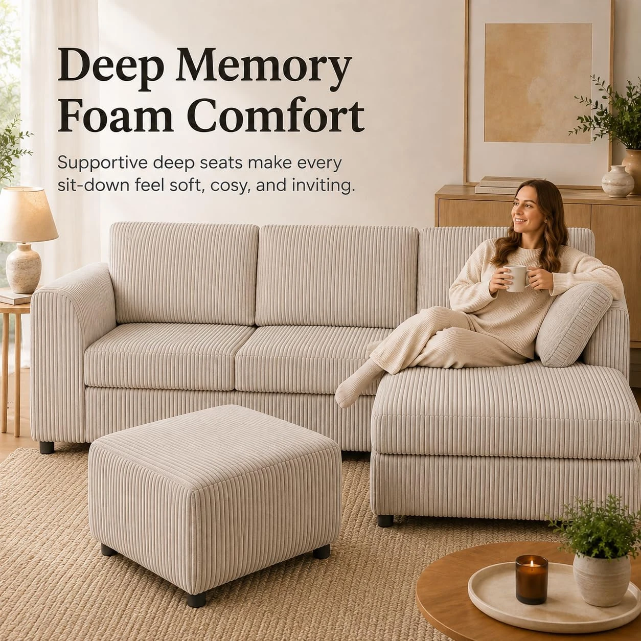 Cream Right Hand Corner Sofa – Jumbo Cord L Shaped Sofa with Luxury Fixed Back Cushions