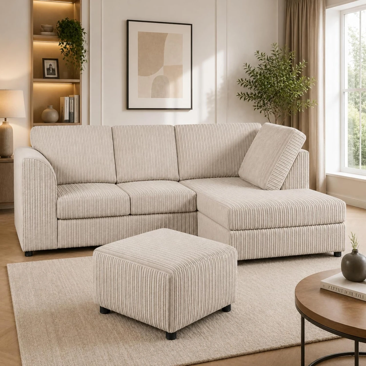Cream Right Hand Corner Sofa – Jumbo Cord L Shaped Sofa with Luxury Fixed Back Cushions