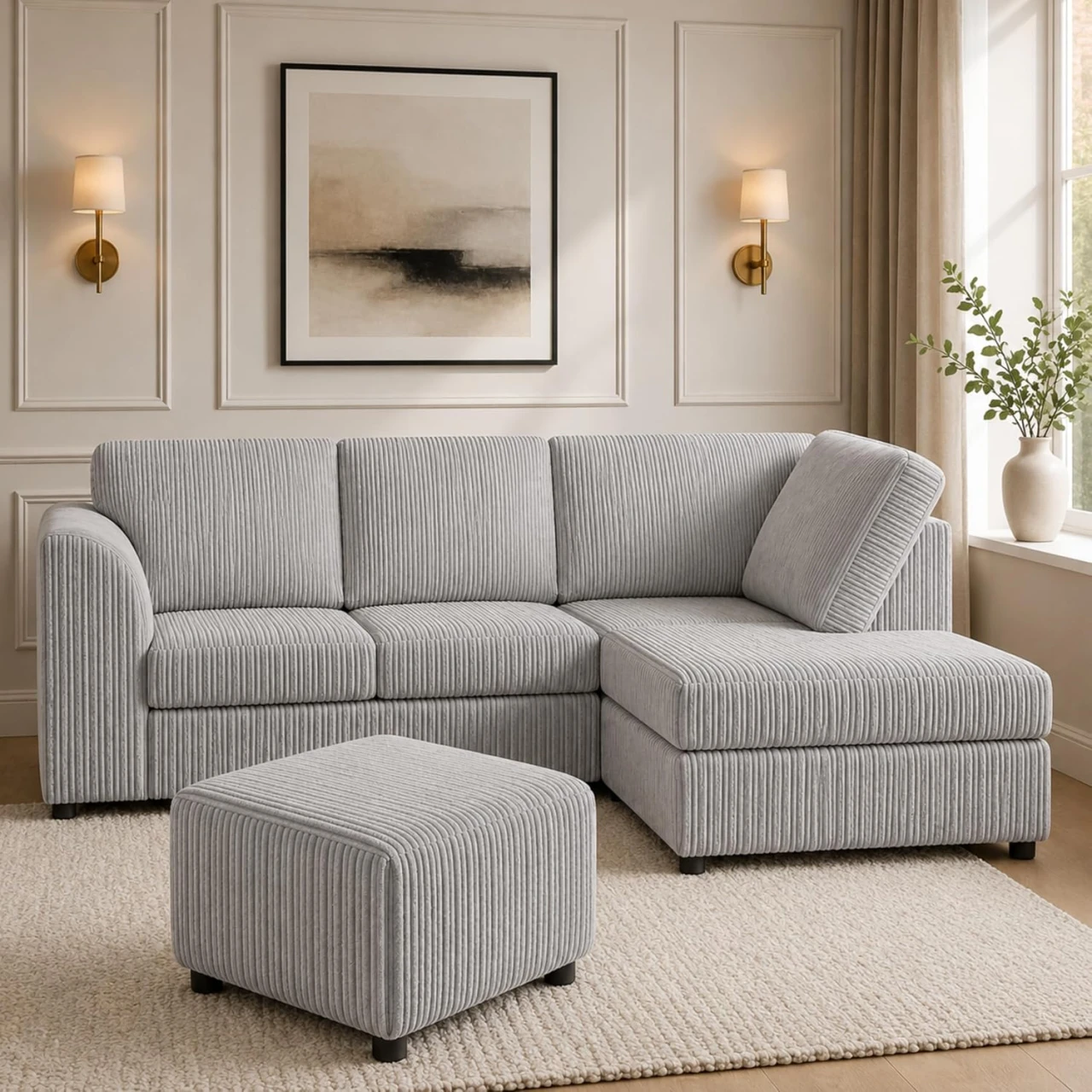 Silver Right Hand Corner Sofa – Jumbo Cord L Shaped Sofa with Luxury Fixed Back Cushions