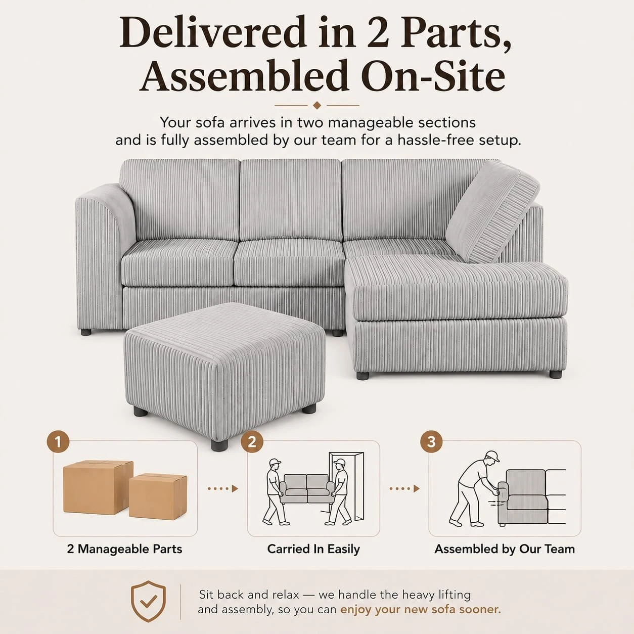 Silver Right Hand Corner Sofa – Jumbo Cord L Shaped Sofa with Luxury Fixed Back Cushions