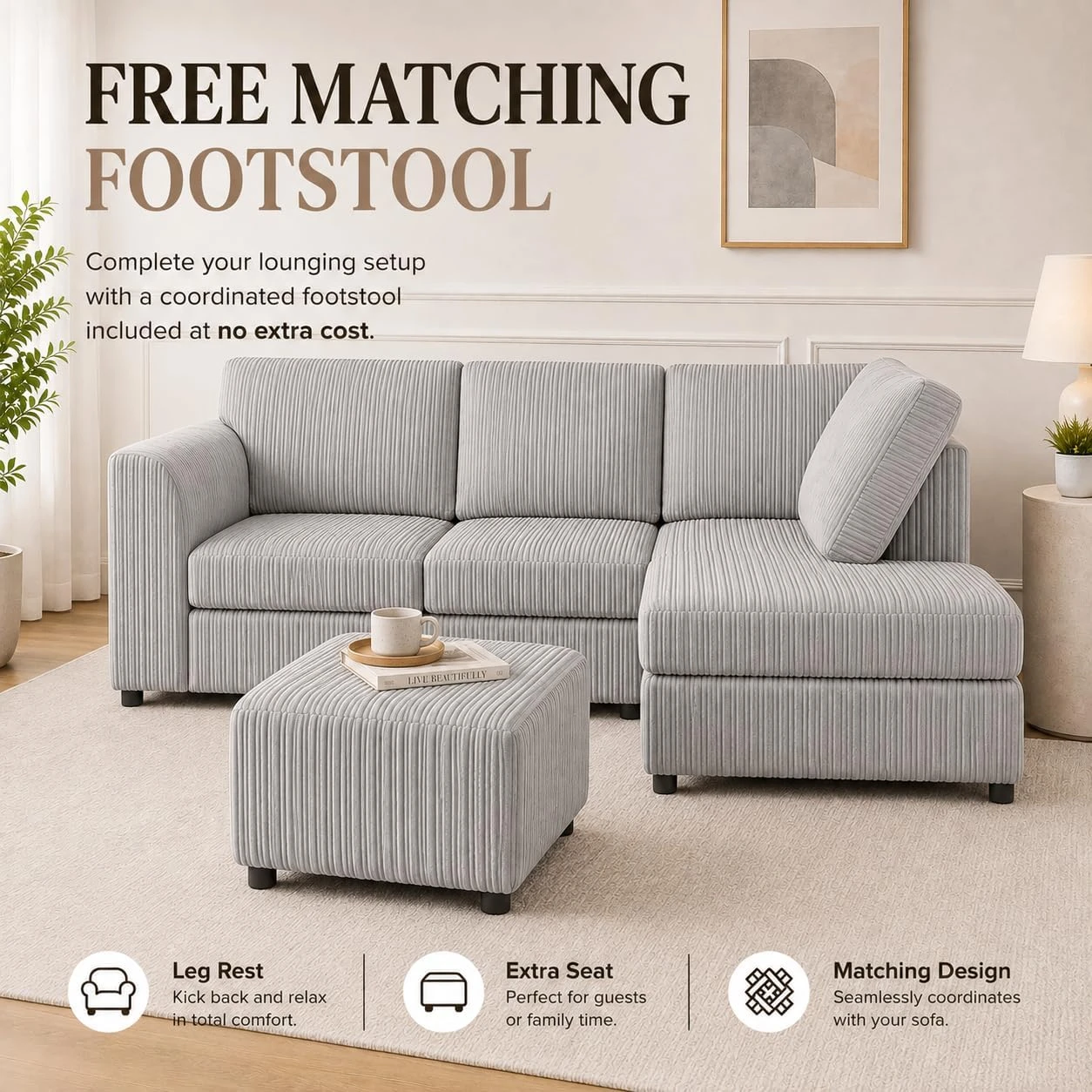 Silver Right Hand Corner Sofa – Jumbo Cord L Shaped Sofa with Luxury Fixed Back Cushions