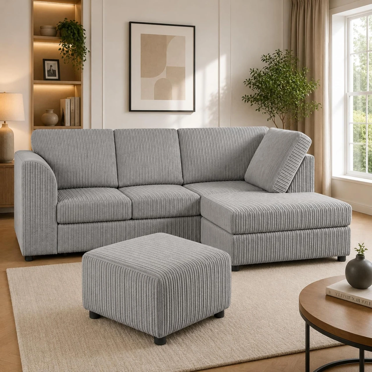 Silver Right Hand Corner Sofa – Jumbo Cord L Shaped Sofa with Luxury Fixed Back Cushions