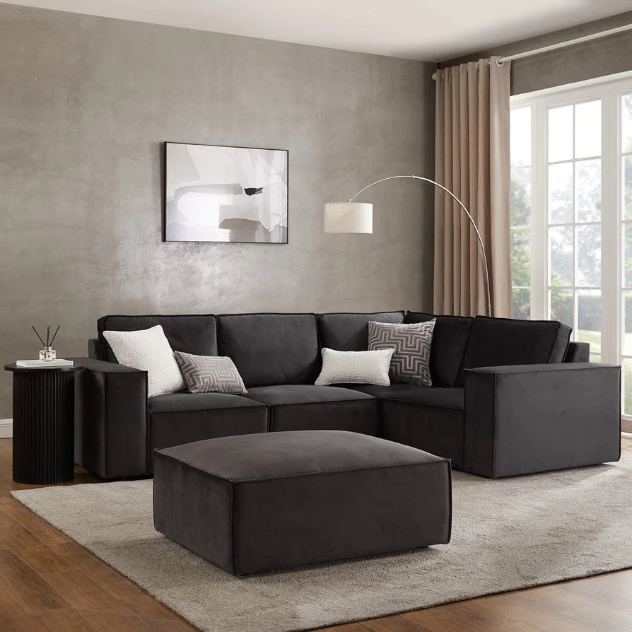 Brooklyn Small Right Hand L Shape Sofa – Black Plush Velvet Corner Sofa 240 x 200cm
