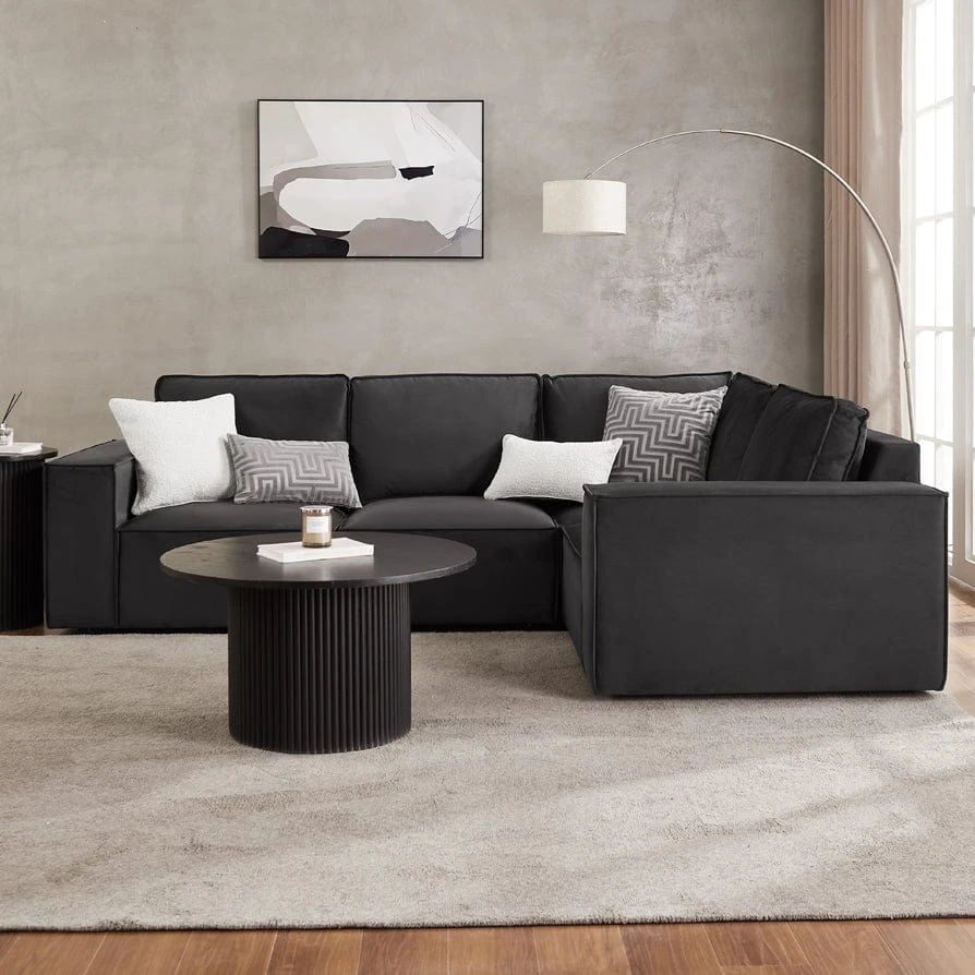 Brooklyn Small Right Hand L Shape Sofa – Black Plush Velvet Corner Sofa 240 x 200cm