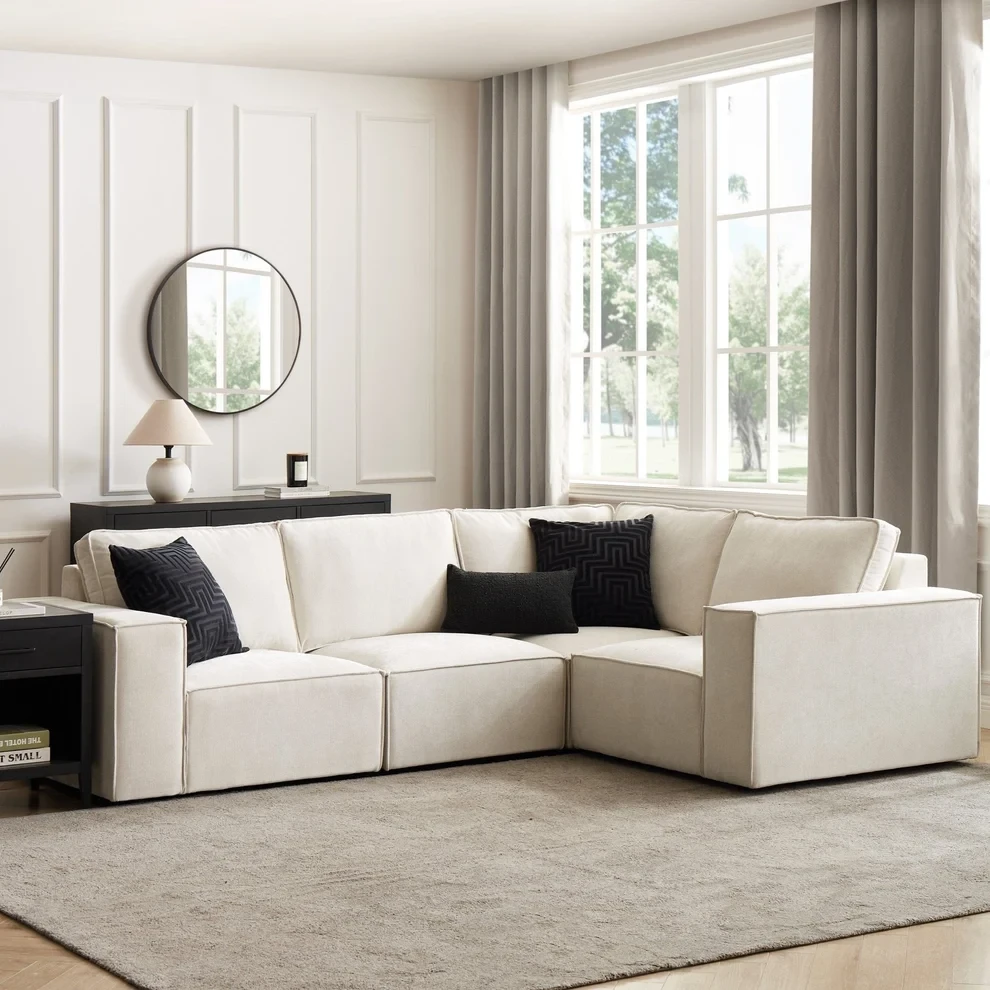 Brooklyn Small Right Hand L Shape Sofa – Cream Plush Velvet Corner Sofa with Free Footstool