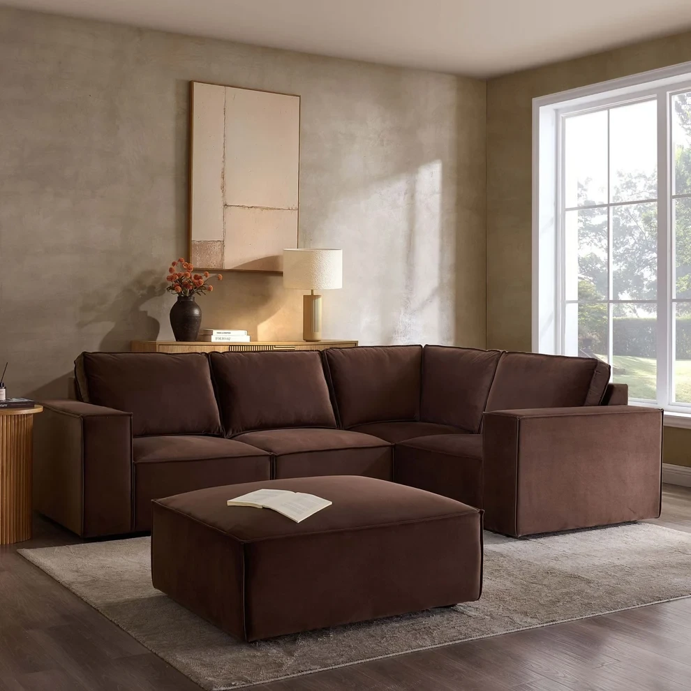 Brooklyn Small Right Hand L Shape Sofa – Brown Plush Velvet Corner Sofa with Free Footstool