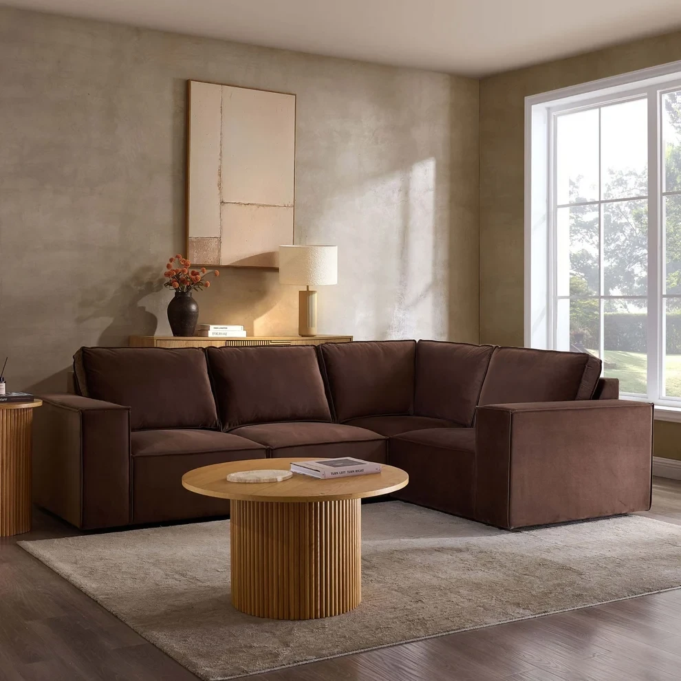 Brooklyn Small Right Hand L Shape Sofa – Brown Plush Velvet Corner Sofa with Free Footstool