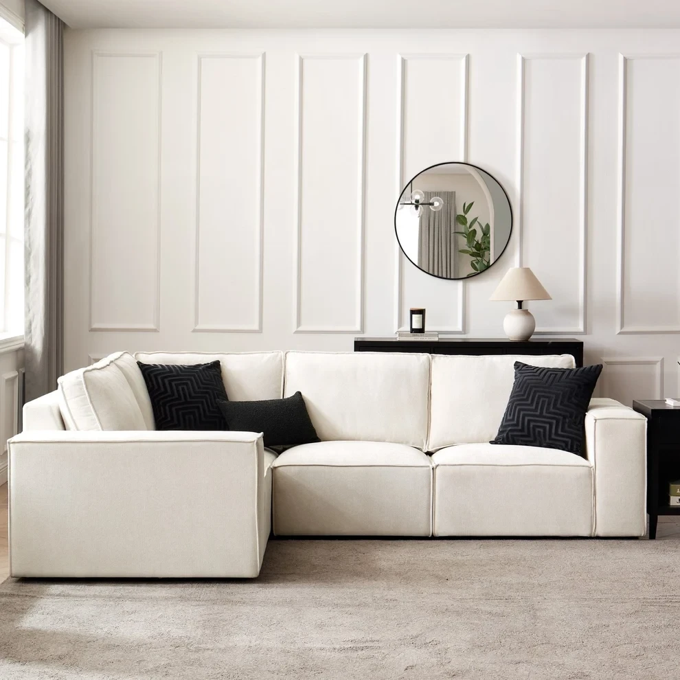 Brooklyn Small Left Hand L Shape Sofa – Cream Plush Velvet Corner Sofa with Free Footstool