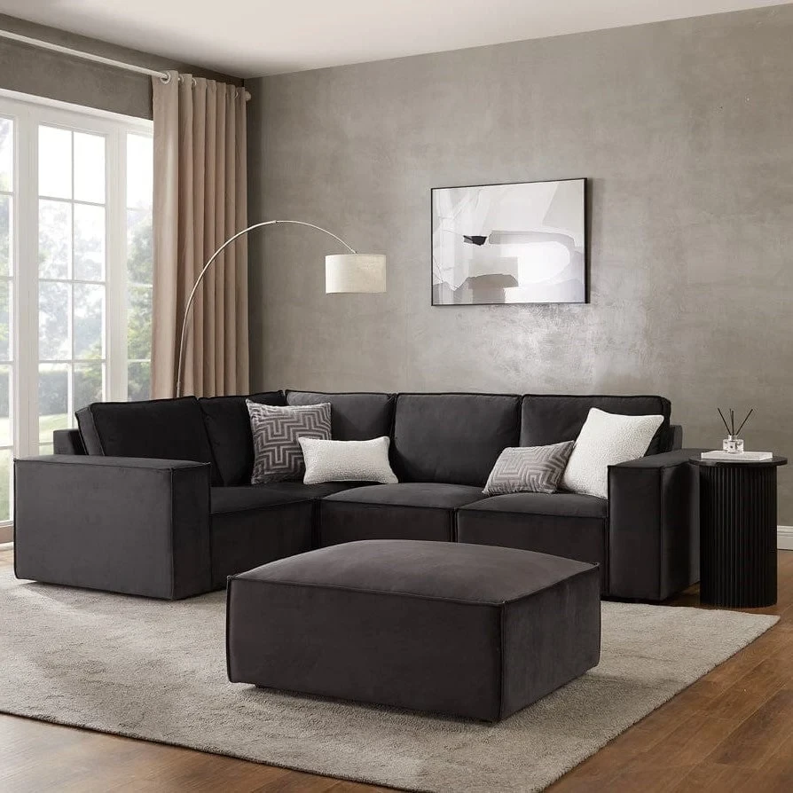 Brooklyn Small Left Hand L Shape Sofa – Black Plush Velvet Corner Sofa with Free Footstool