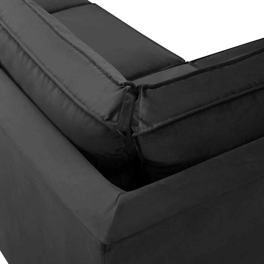 Brooklyn Small Left Hand L Shape Sofa – Black Plush Velvet Corner Sofa with Free Footstool