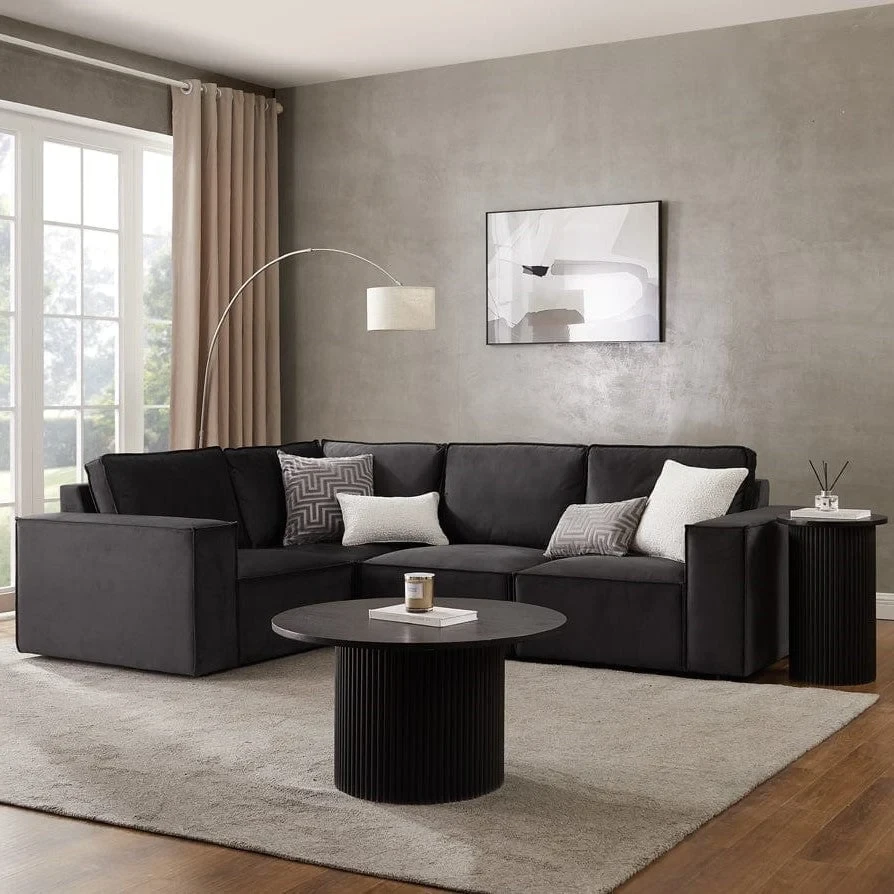 Brooklyn Small Left Hand L Shape Sofa – Black Plush Velvet Corner Sofa with Free Footstool