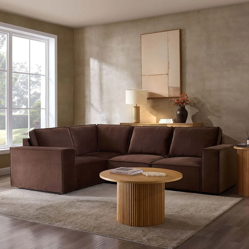 Brooklyn Small Left Hand L Shape Sofa – Brown Plush Velvet Corner Sofa with Free Footstool