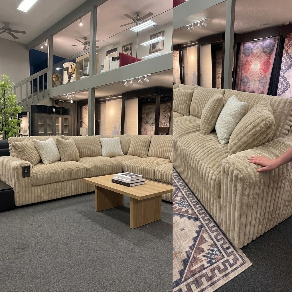 Chunky Thick Cord sofa Beige 3 Piece Sectional Corner Sofa 230 x 230cm | High Back UK