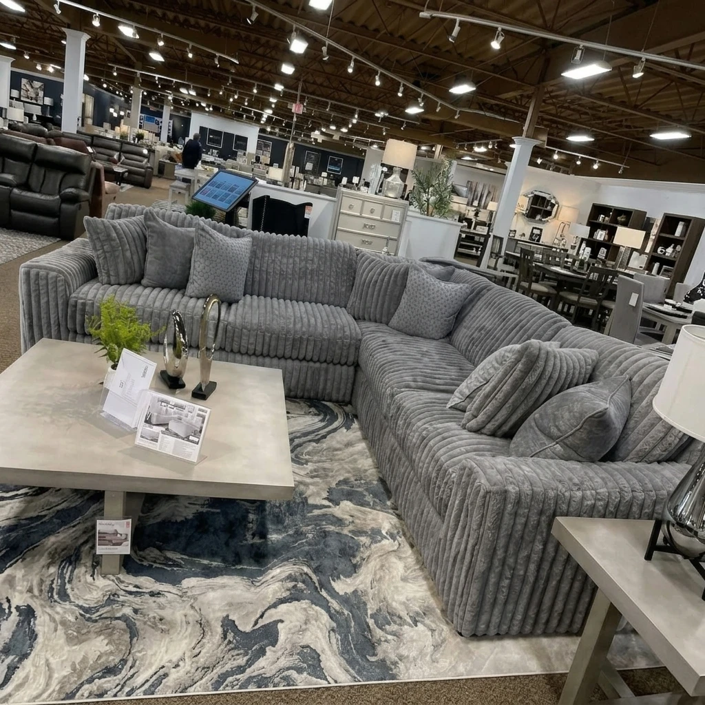Large Grey Chunky Thick Cord Sectional Corner Sofa 230 x 230cm | UK
