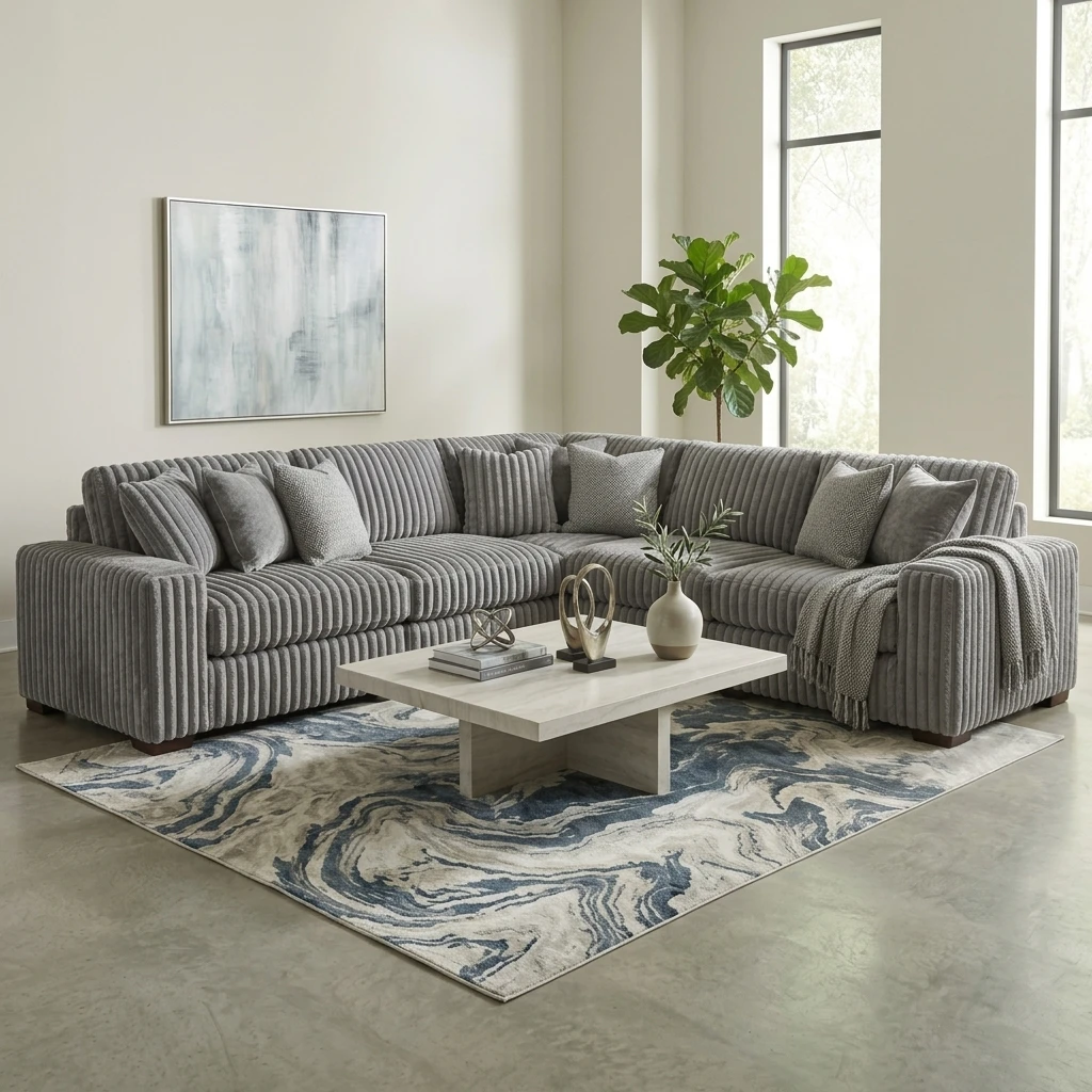 Large Grey Chunky Thick Cord Sectional Corner Sofa 230 x 230cm | UK