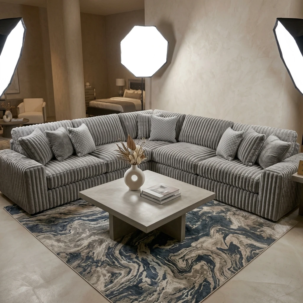 Large Grey Chunky Thick Cord Sectional Corner Sofa 230 x 230cm | UK