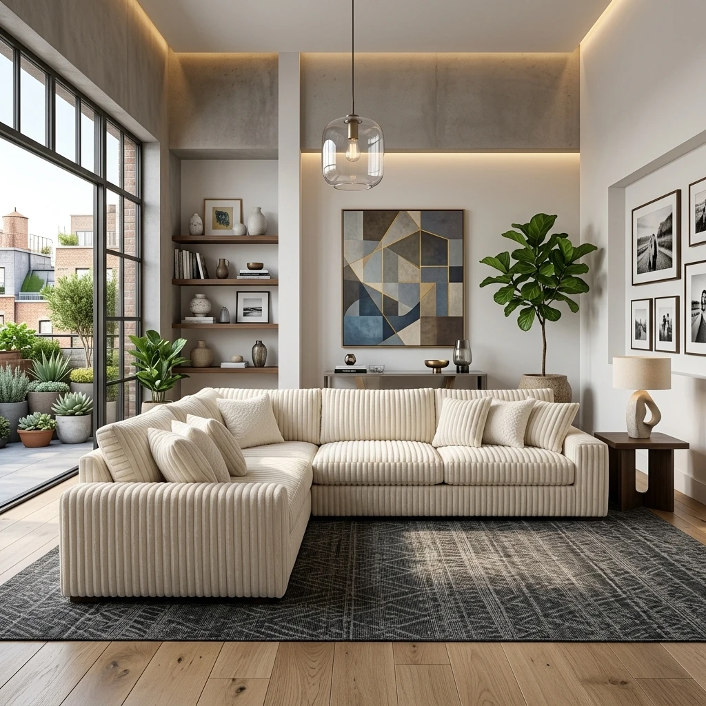 Cream Chunky Cord 3 Piece Corner Sectional Sofa (230x230cm) | L-Shaped