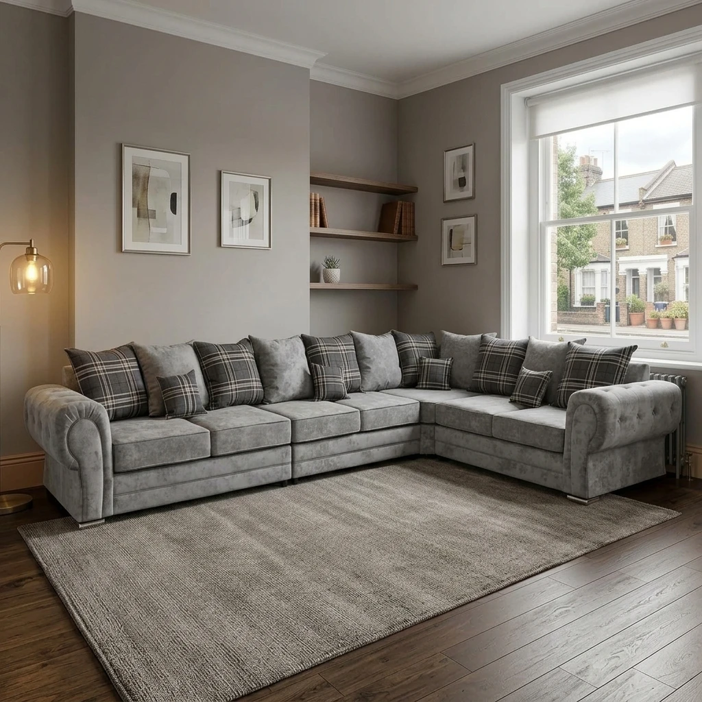 Grey Verona Chesterfield 7 Seater Corner Sofa | 360 x 240cm | Right Hand L Shape
