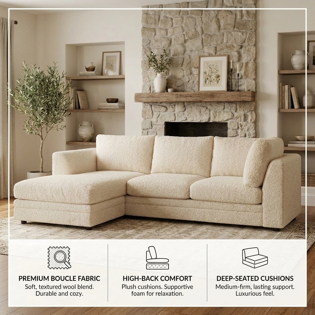 Cream 4 Seater Teddy Bouclé Corner Sofa – L Shape Fabric Sofa