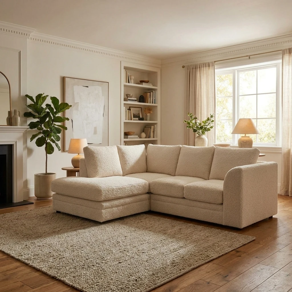 Cream 4 Seater Teddy Bouclé Corner Sofa – L Shape Fabric Sofa