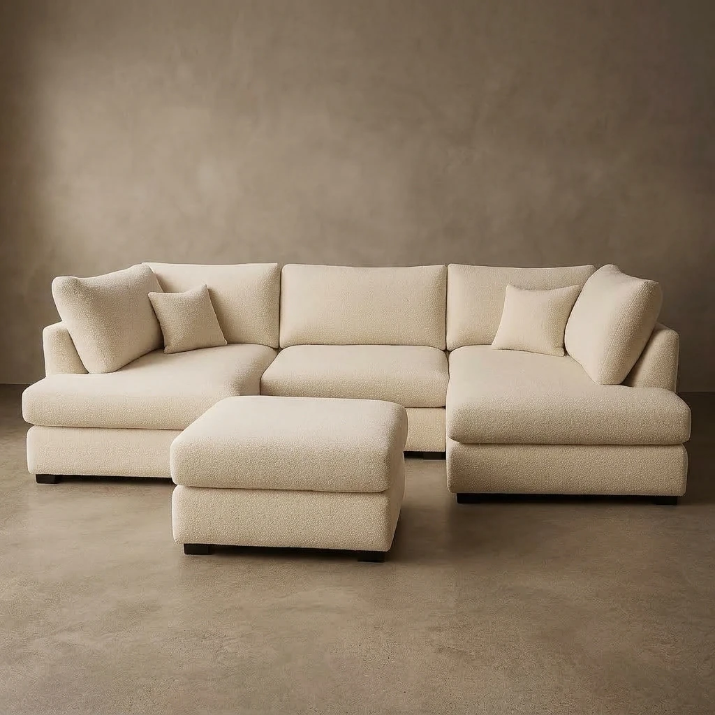Cream Boucle U-Shaped Sofa – Large 6 Seater Modular Corner Sofa with High Back & Full Back Cushions