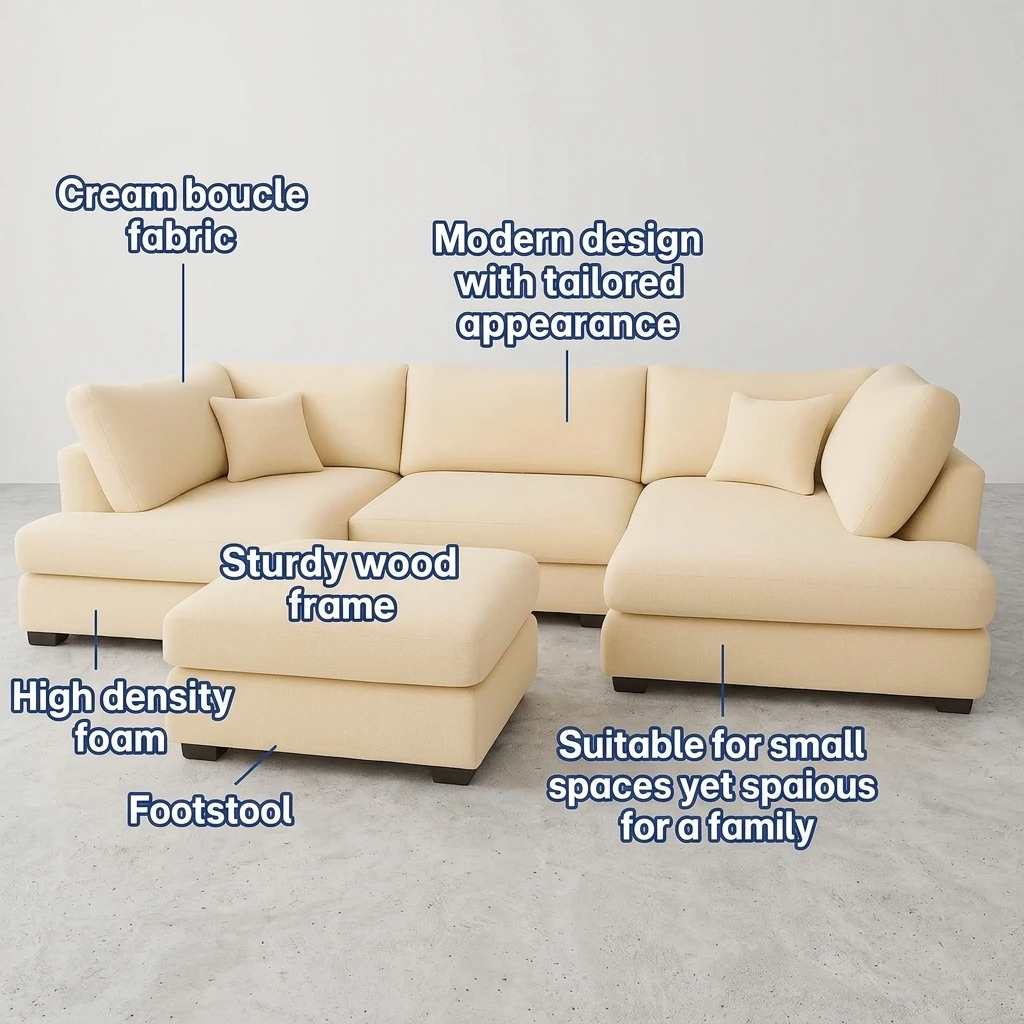 Cream Boucle U-Shaped Sofa – Large 6 Seater Modular Corner Sofa with High Back & Full Back Cushions