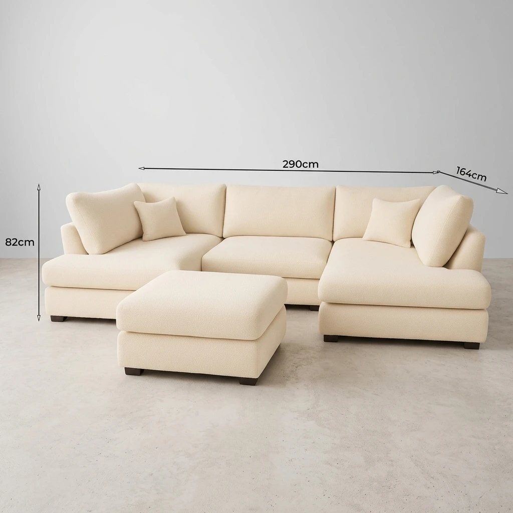 Cream Boucle U-Shaped Sofa – Large 6 Seater Modular Corner Sofa with High Back & Full Back Cushions
