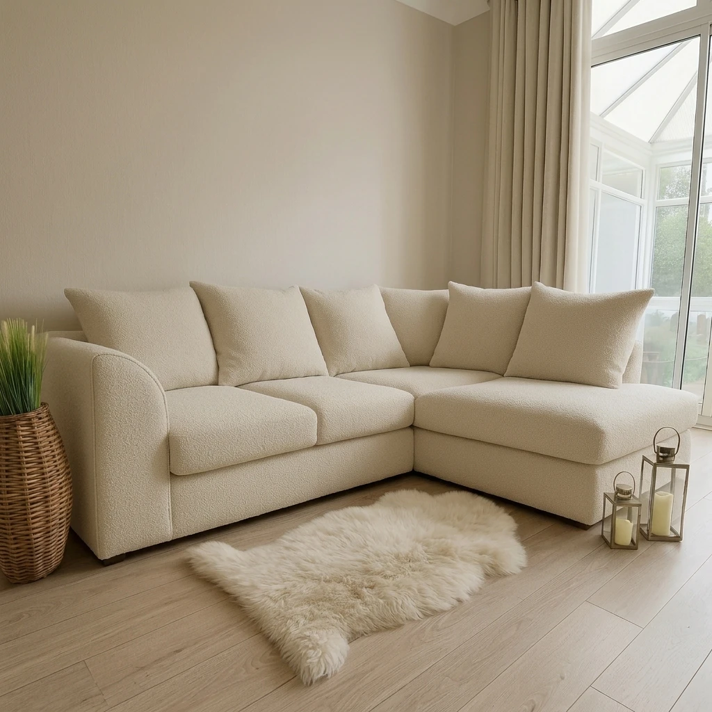 Cream Boucle Right Hand Corner Sofa – 4 Seater L-Shaped Teddy Fabric Sofa with Scatter Back Cushions