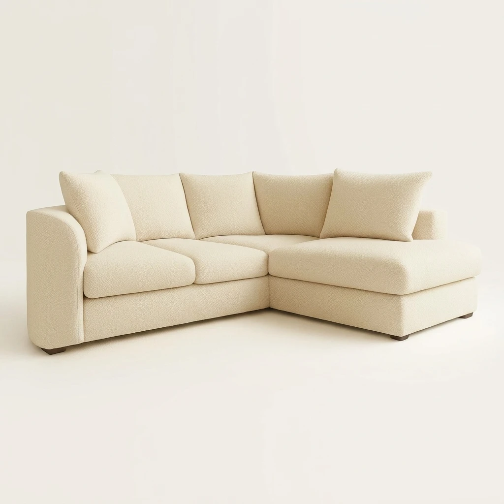 Cream Boucle Right Hand Corner Sofa – 4 Seater L-Shaped Teddy Fabric Sofa with Scatter Back Cushions