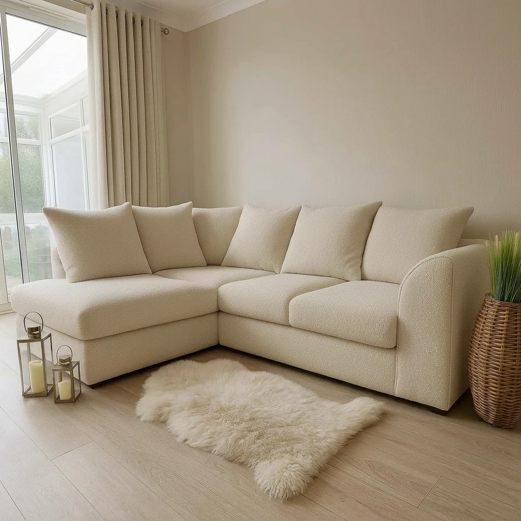 Cream Boucle Left Hand Corner Sofa – 4 Seater L-Shaped Teddy Fabric Sofa with Scatter Back Cushions