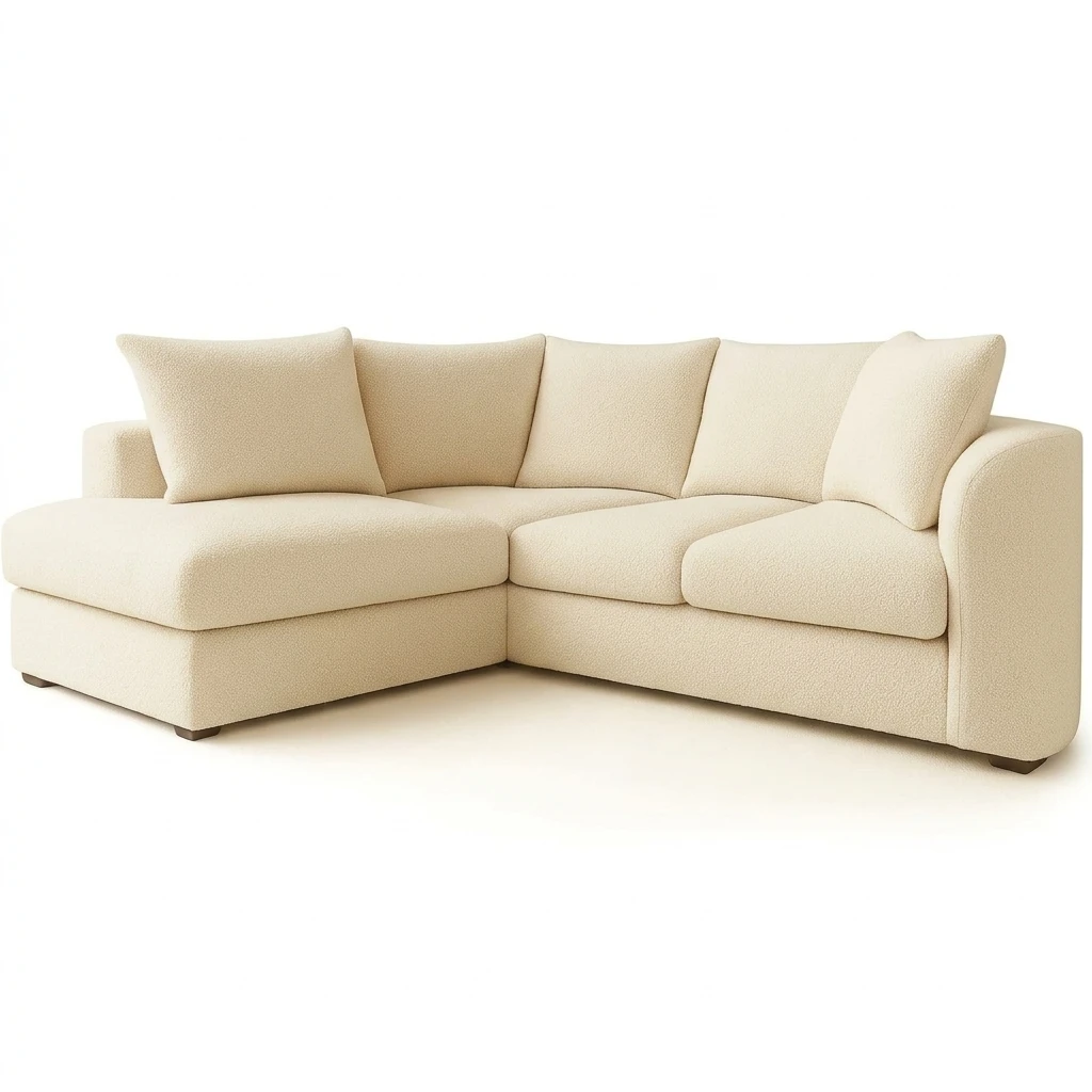 Cream Boucle Left Hand Corner Sofa – 4 Seater L-Shaped Teddy Fabric Sofa with Scatter Back Cushions