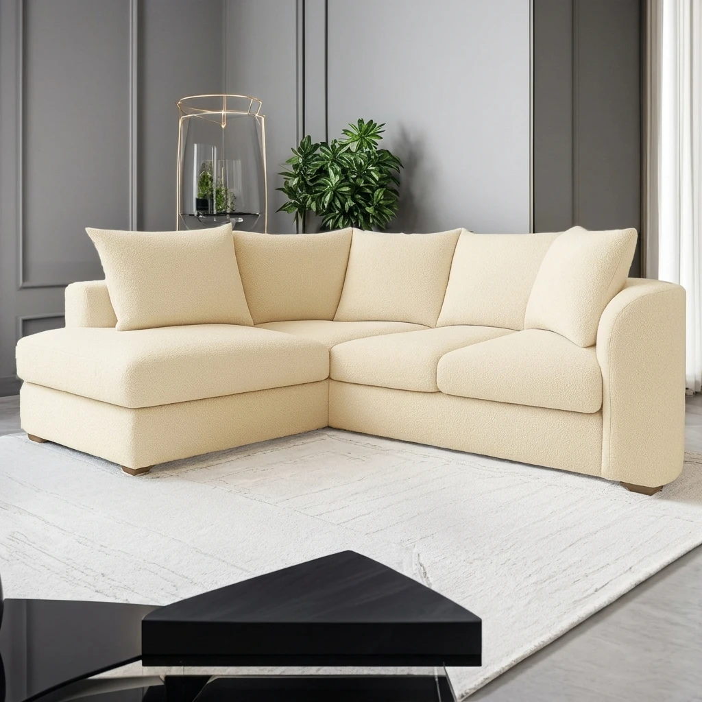 Cream Boucle Left Hand Corner Sofa – 4 Seater L-Shaped Teddy Fabric Sofa with Scatter Back Cushions