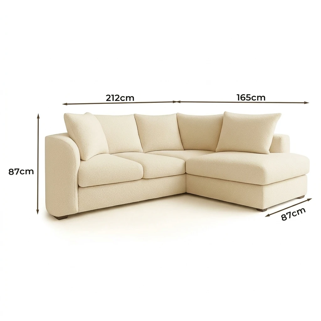 Cream Boucle Left Hand Corner Sofa – 4 Seater L-Shaped Teddy Fabric Sofa with Scatter Back Cushions