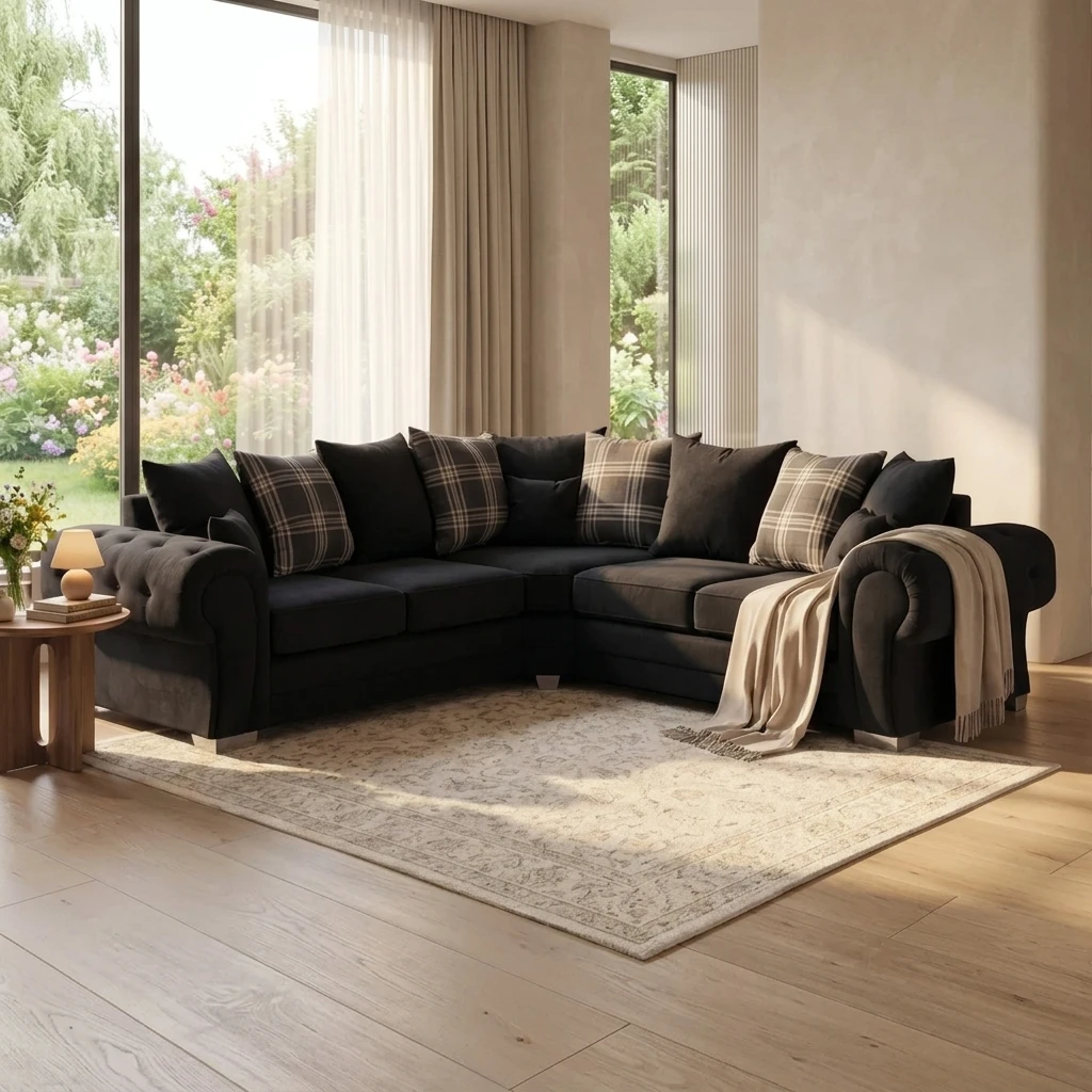 Verona Scatter Back Black Fabric Corner Sofa – Modern 240 x 240cm Living Room Sofa