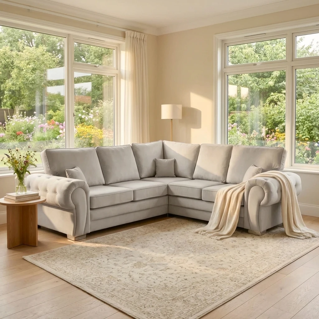 Verona Cream Fabric High Back Corner Sofa – Modern 240 x 240cm Living Room Sofa