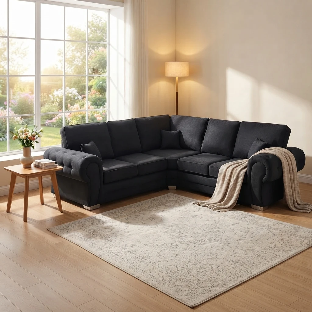Verona Black Fabric High Back Corner Sofa – Modern 240 x 240cm Living Room Sofa