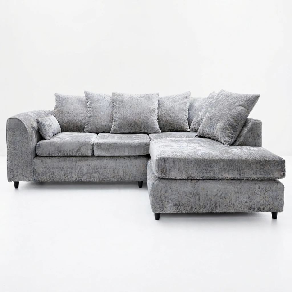 Silver Chenille Right Hand Corner Sofa – 4 Seater L-Shaped Sofa with Deep Cushions