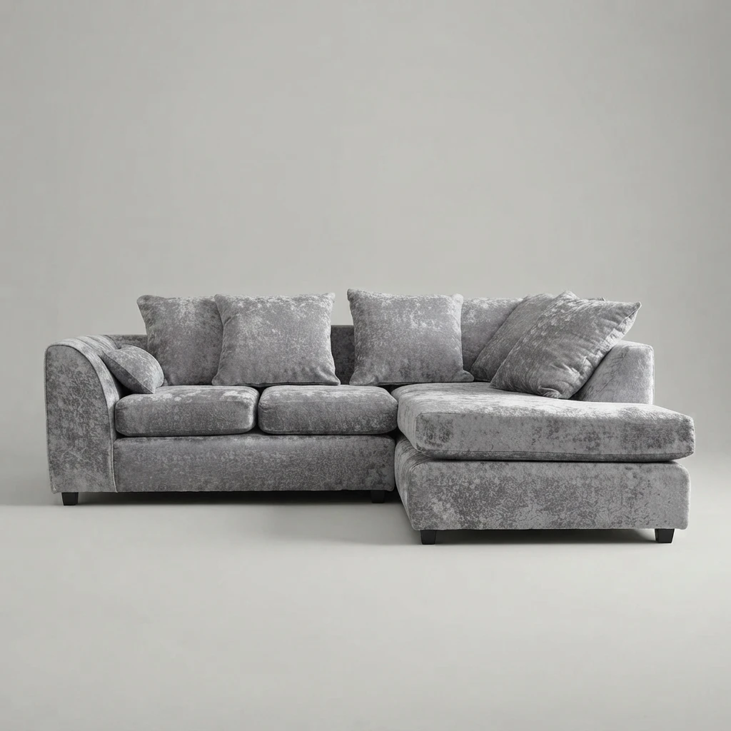 Silver Chenille Right Hand Corner Sofa – 4 Seater L-Shaped Sofa with Deep Cushions