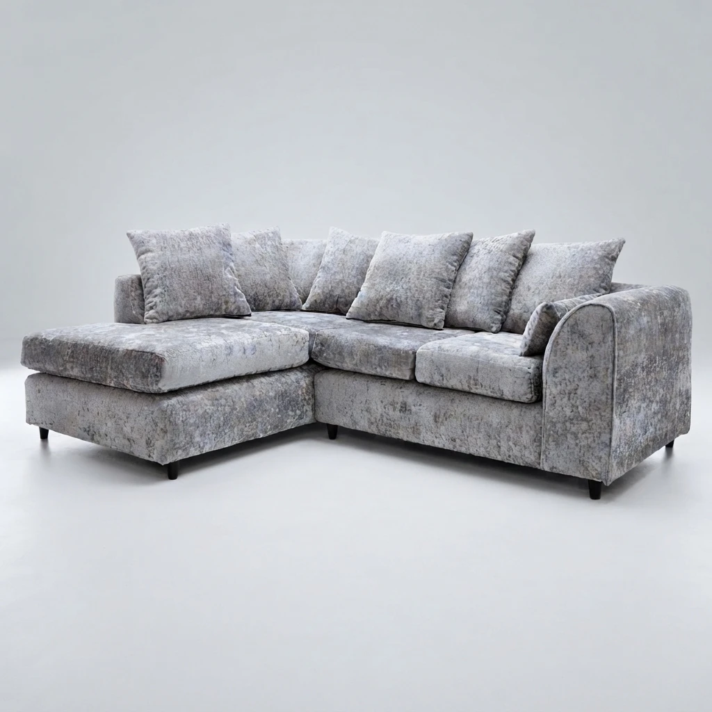 Silver Chenille Left Hand Corner Sofa – 4 Seater L-Shaped Sofa with Deep Cushions