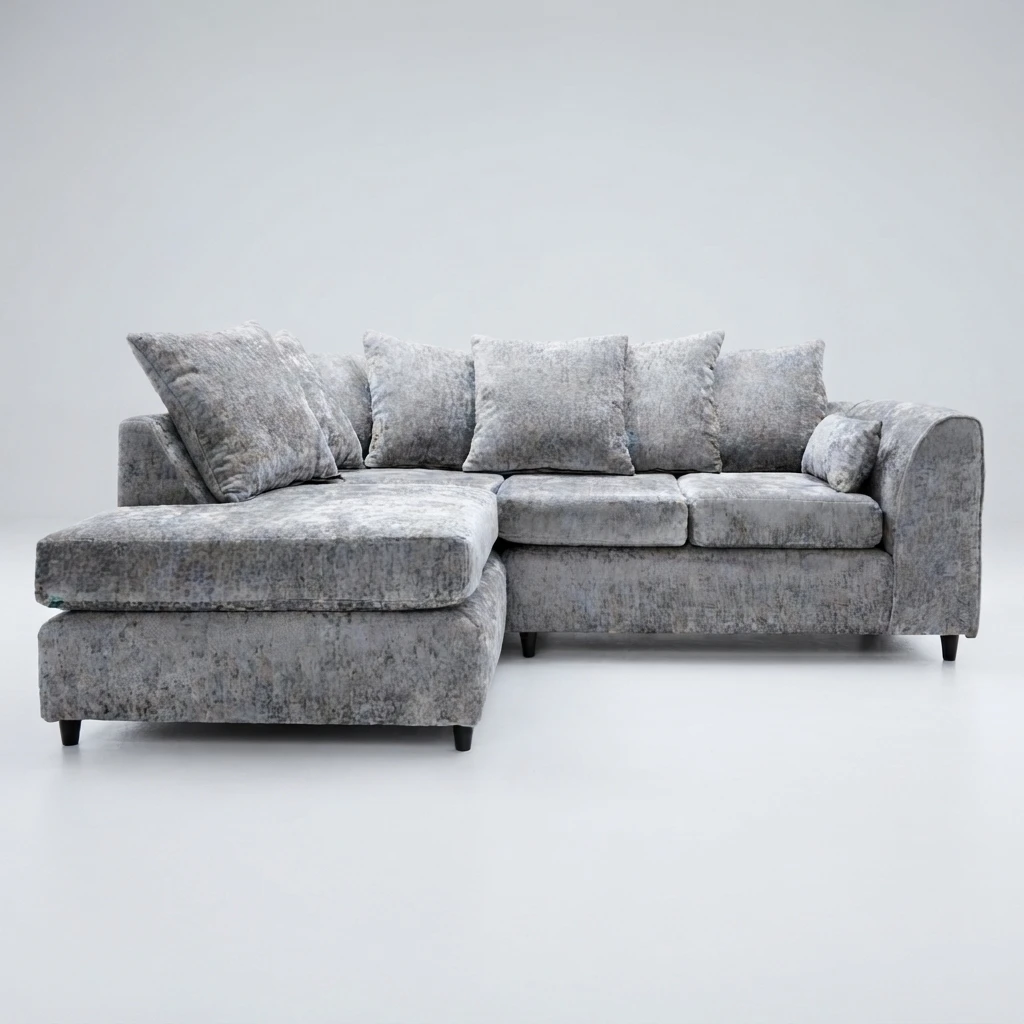 Silver Chenille Left Hand Corner Sofa – 4 Seater L-Shaped Sofa with Deep Cushions