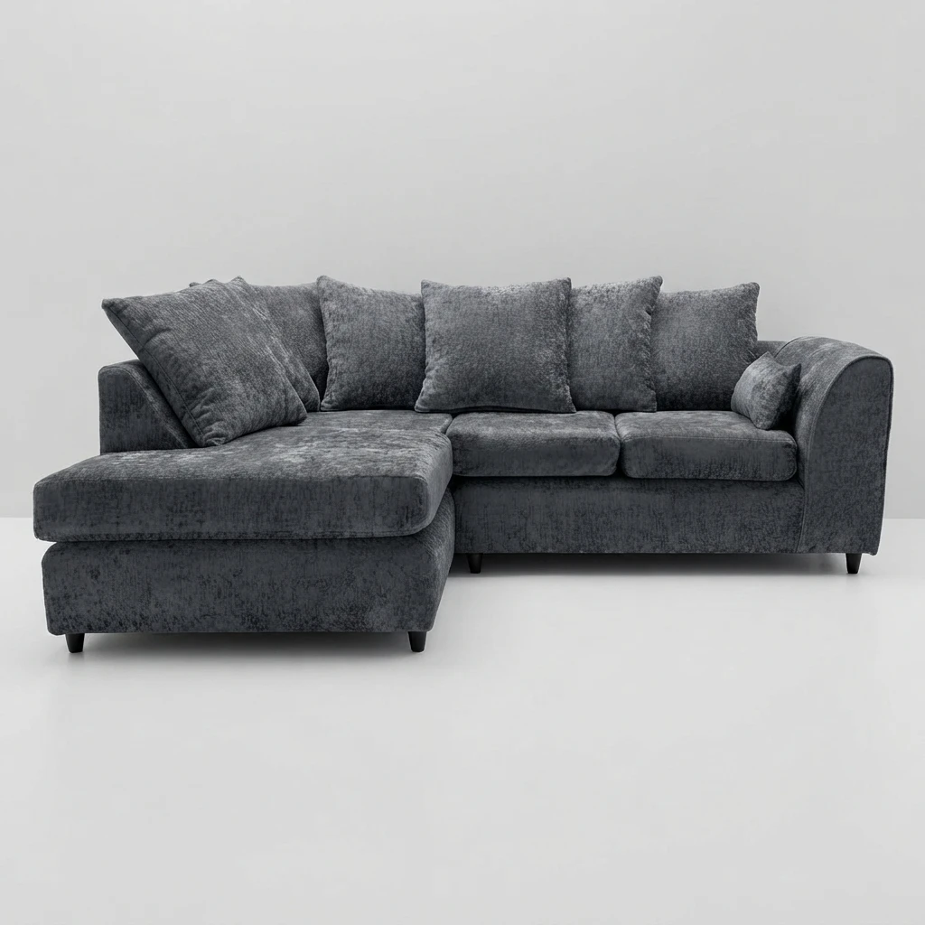 Grey Chenille Left Hand Corner Sofa – 4 Seater L-Shaped Sofa with Deep Cushions