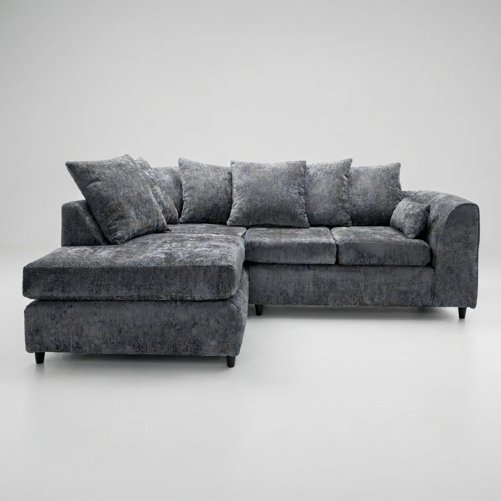Grey Chenille Left Hand Corner Sofa – 4 Seater L-Shaped Sofa with Deep Cushions