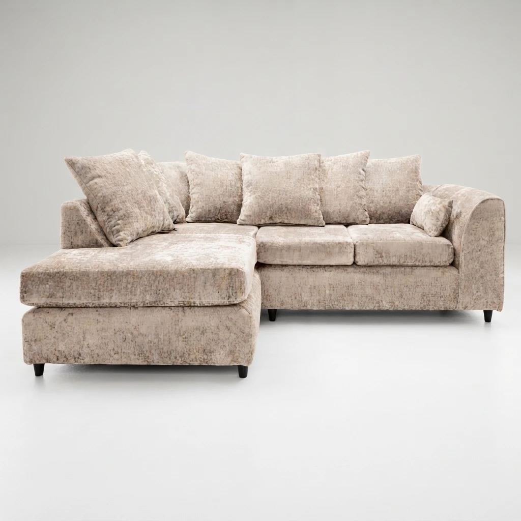 Beige Chenille Left Hand Corner Sofa – 4 Seater L-Shaped Sofa with Deep Cushions