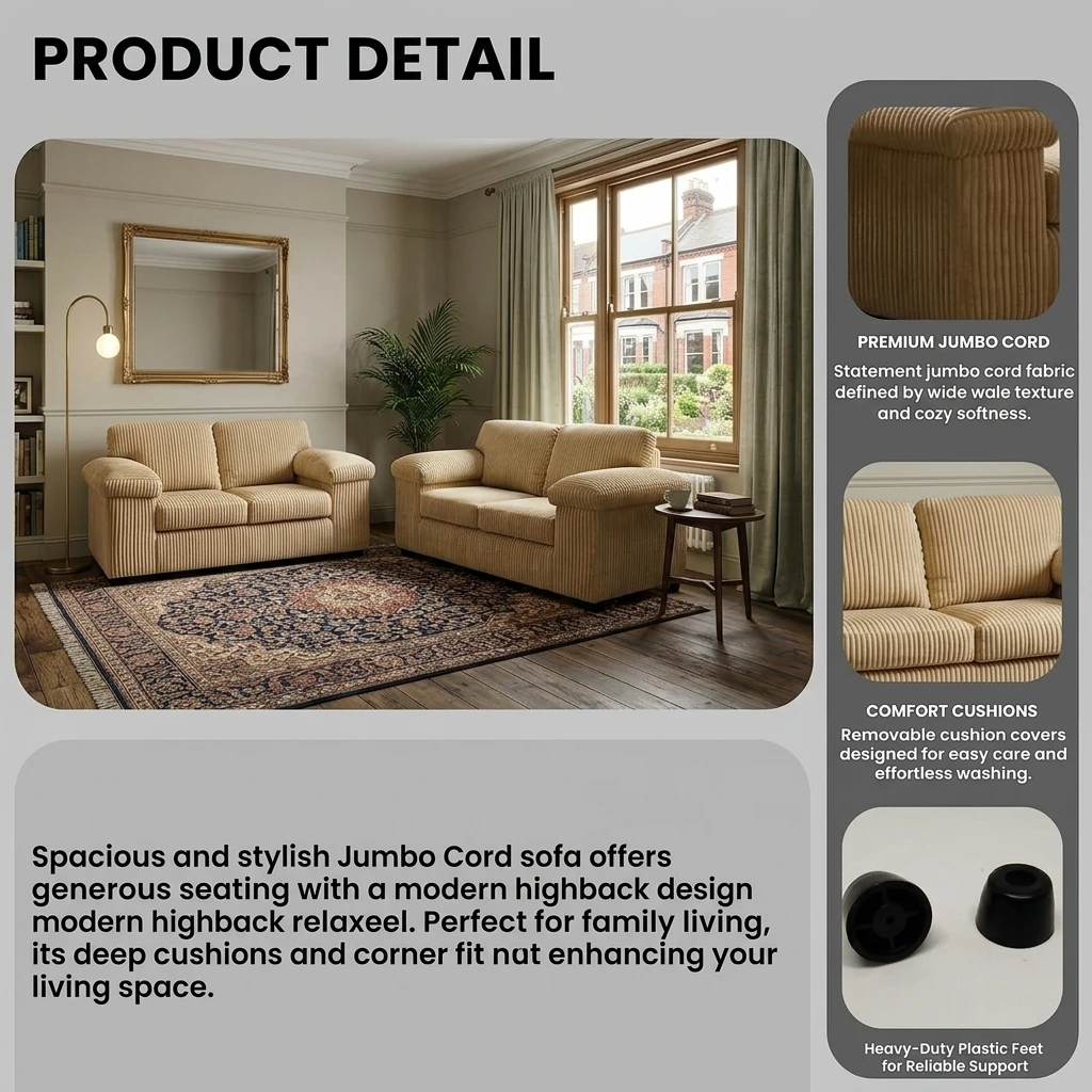 Amalfi Mink Jumbo Cord 3+2 Seater Sofa Set – Modern High Back Sofa