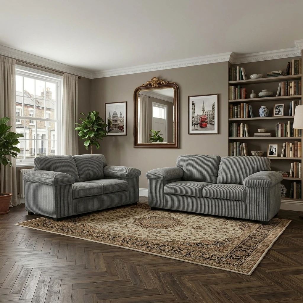Amalfi Grey Jumbo Cord 3+2 Seater Sofa Set – Modern High Back Sofa