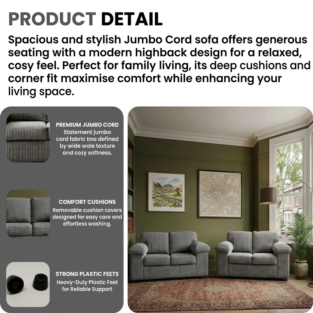 Amalfi Grey Jumbo Cord 3+2 Seater Sofa Set – Modern High Back Sofa
