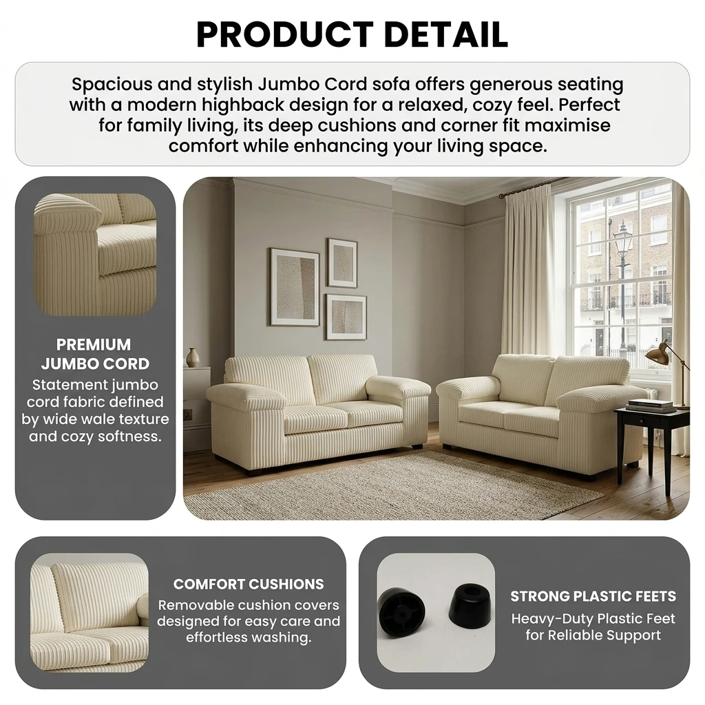 Amalfi Cream Jumbo Cord 3+2 Seater Sofa Set – Modern High Back Sofa
